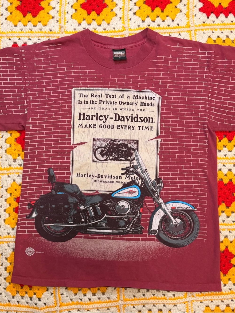 1995 Harley Davidson Brick Wall Print Motorcycle Graphic Tee M Single Stitch